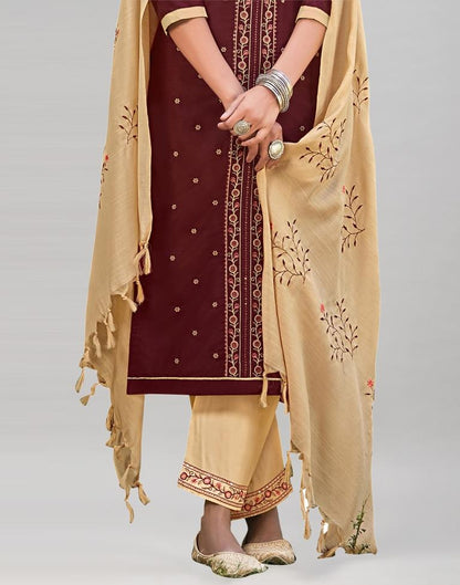 Maroon Cotton Slub Embroidered Unstitched Salwar Suit | Sudathi