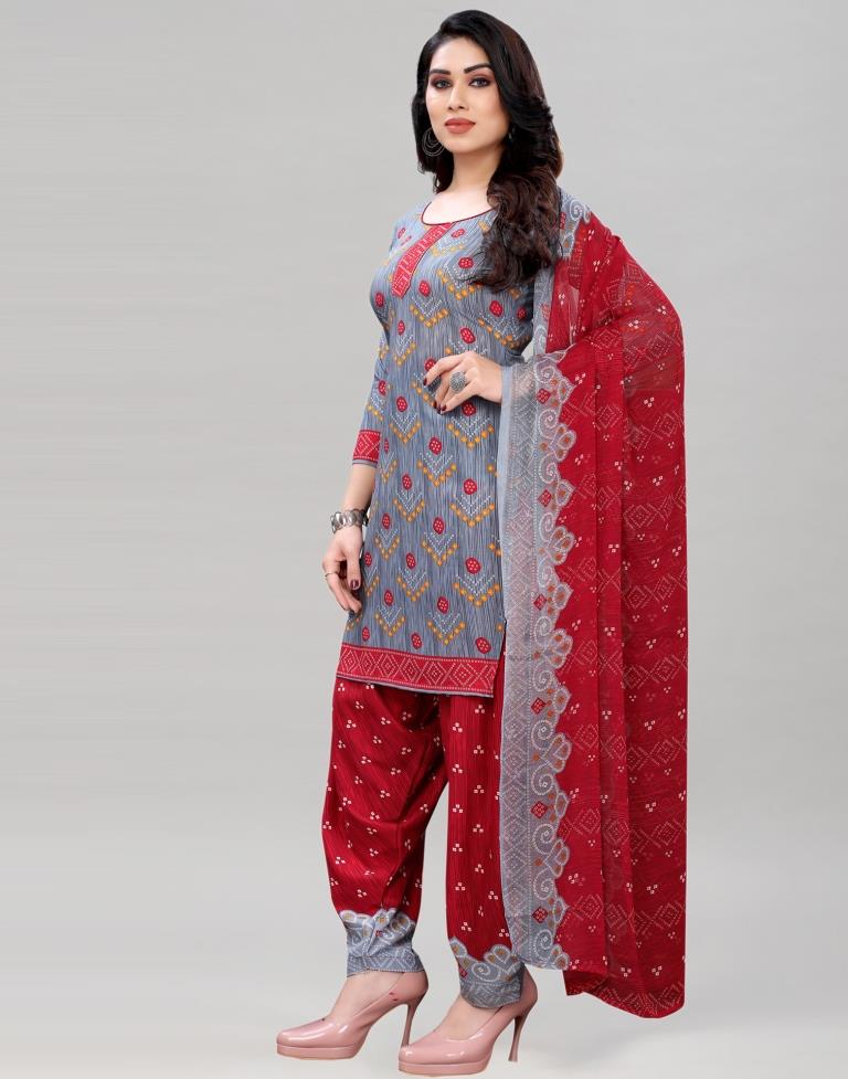 Grey Bandhani Printed Unstitched Salwar Suit | Sudathi