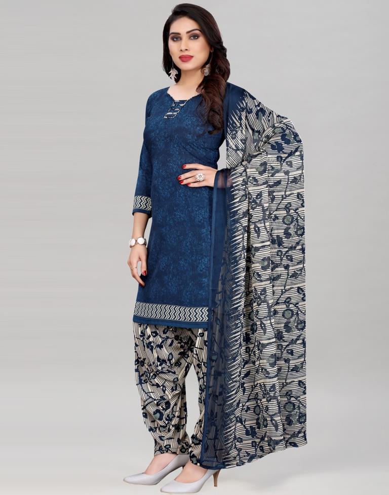 Dark Blue Printed Unstitched Salwar Suit | Sudathi