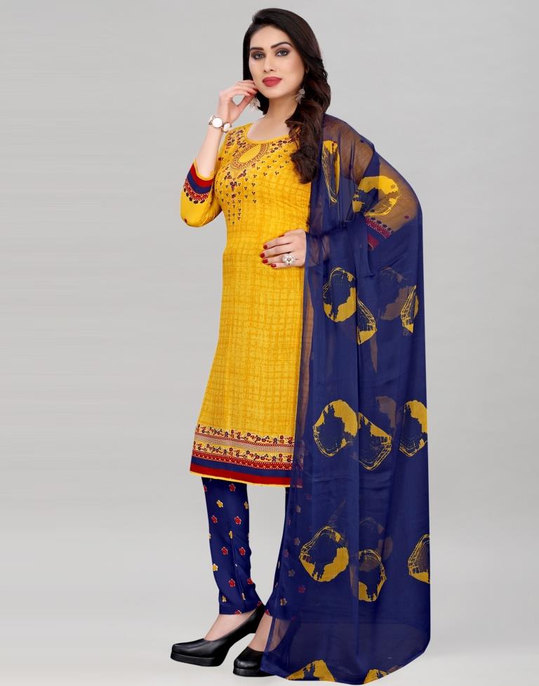 Turmeric Yellow Printed Unstitched Salwar Suit | Sudathi