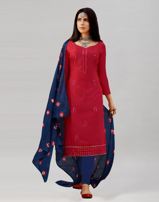 Red Cotton Embroidered Unstitched Salwar Suit | Sudathi