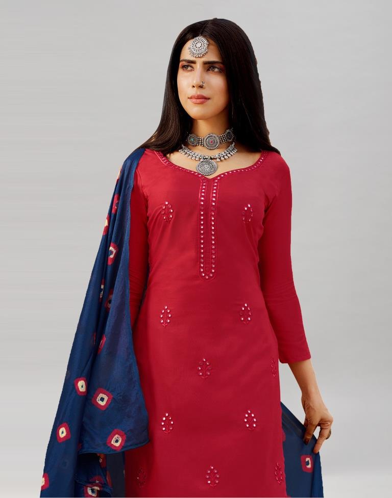 Red Cotton Embroidered Unstitched Salwar Suit | Sudathi