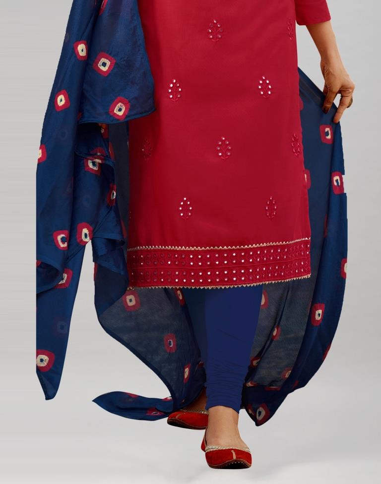 Red Cotton Embroidered Unstitched Salwar Suit | Sudathi