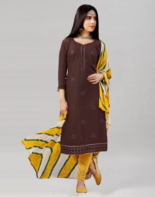 Dark Brown Cotton Embroidered Unstitched Salwar Suit | Sudathi