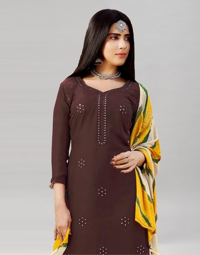 Dark Brown Cotton Embroidered Unstitched Salwar Suit | Sudathi