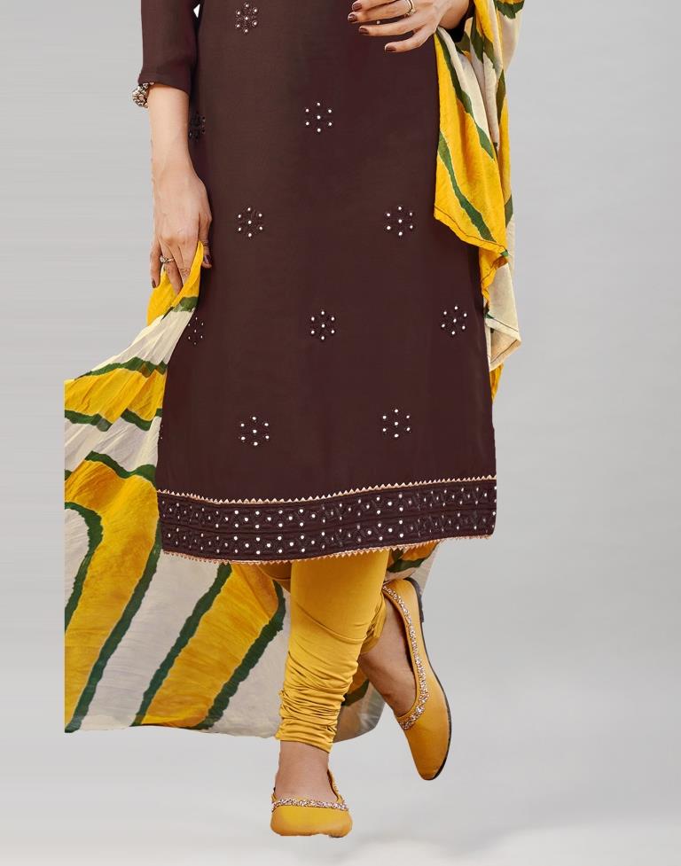 Dark Brown Cotton Embroidered Unstitched Salwar Suit | Sudathi