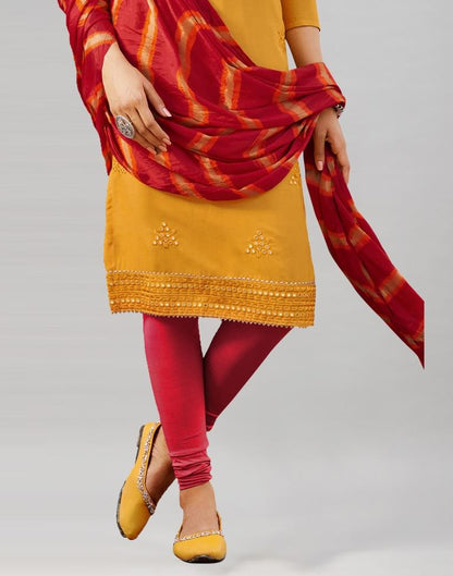 Mustard Yellow Cotton Embroidered Unstitched Salwar Suit | Sudathi