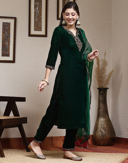 Dark Green Plain Velvet Straight Kurta Set With Dupatta