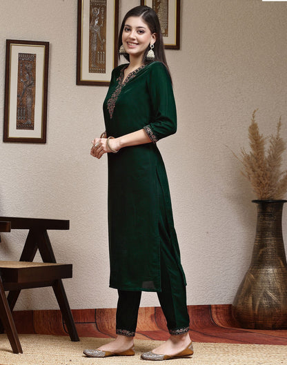 Dark Green Plain Velvet Straight Kurta Set With Dupatta