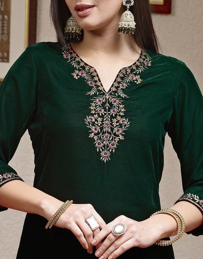 Dark Green Plain Velvet Straight Kurta Set With Dupatta