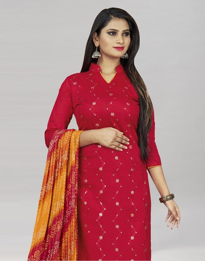 Red Cotton Embroidered Unstitched Salwar Suit | Sudathi