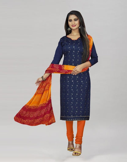 Navy Blue Cotton Embroidered Unstitched Salwar Suit | Sudathi