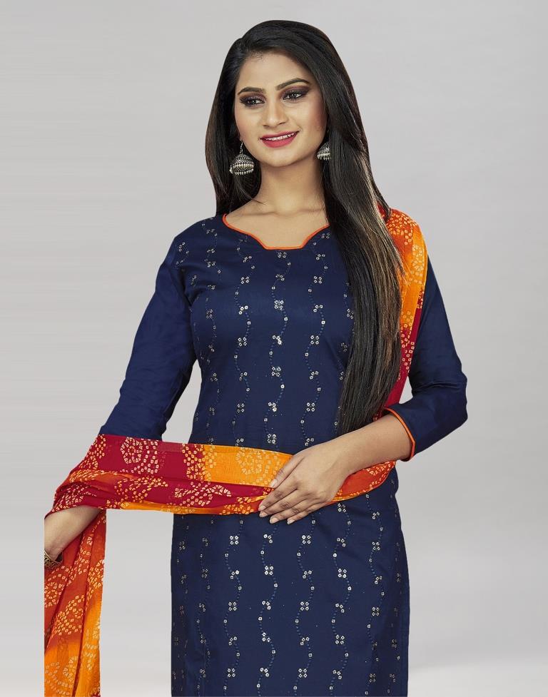 Navy Blue Cotton Embroidered Unstitched Salwar Suit | Sudathi