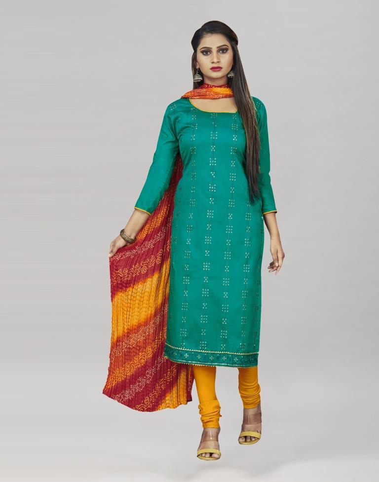 Pine Green Cotton Embroidered Unstitched Salwar Suit | Sudathi