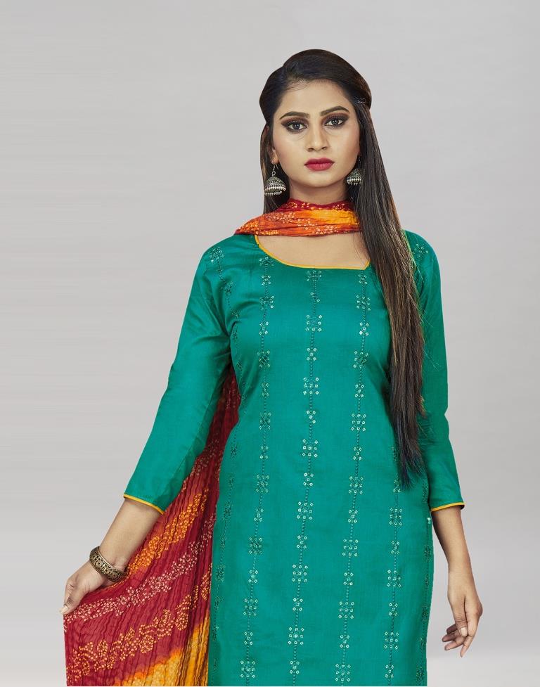 Pine Green Cotton Embroidered Unstitched Salwar Suit | Sudathi