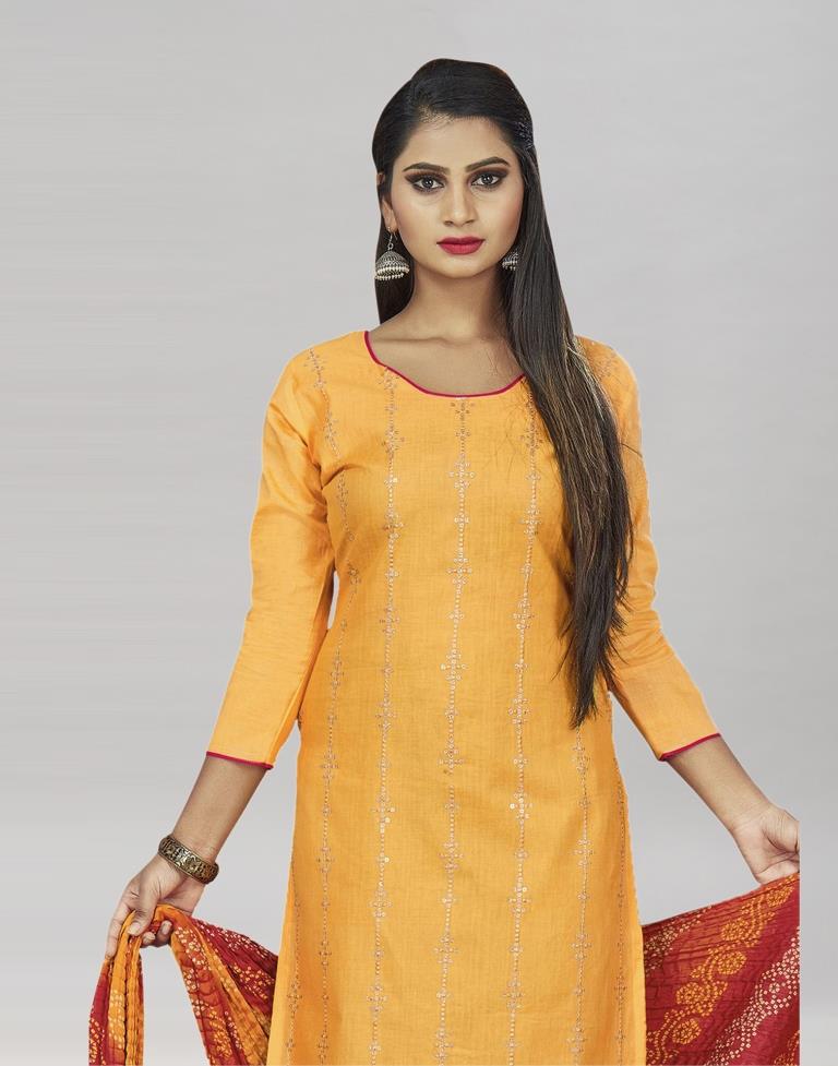 Yellow Cotton Embroidered Unstitched Salwar Suit | Sudathi