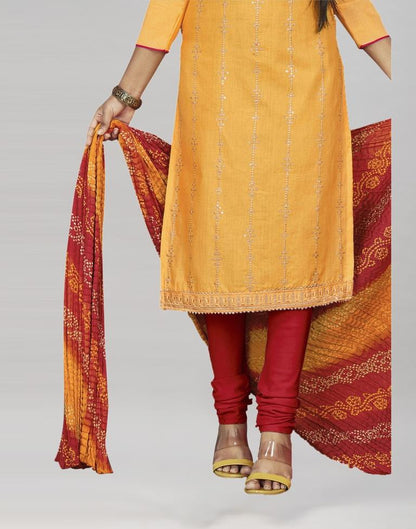 Yellow Cotton Embroidered Unstitched Salwar Suit | Sudathi