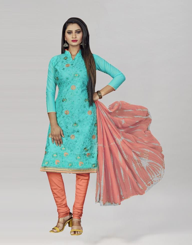 Aqua Blue Cotton Embroidered Unstitched Salwar Suit | Sudathi