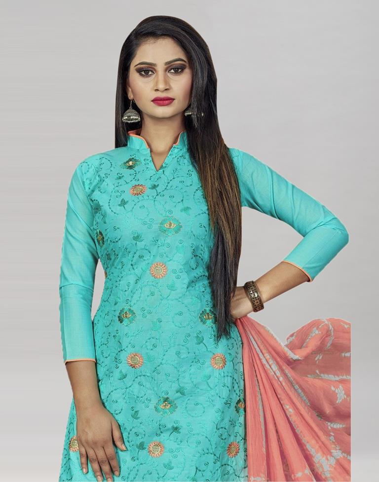 Aqua Blue Cotton Embroidered Unstitched Salwar Suit | Sudathi