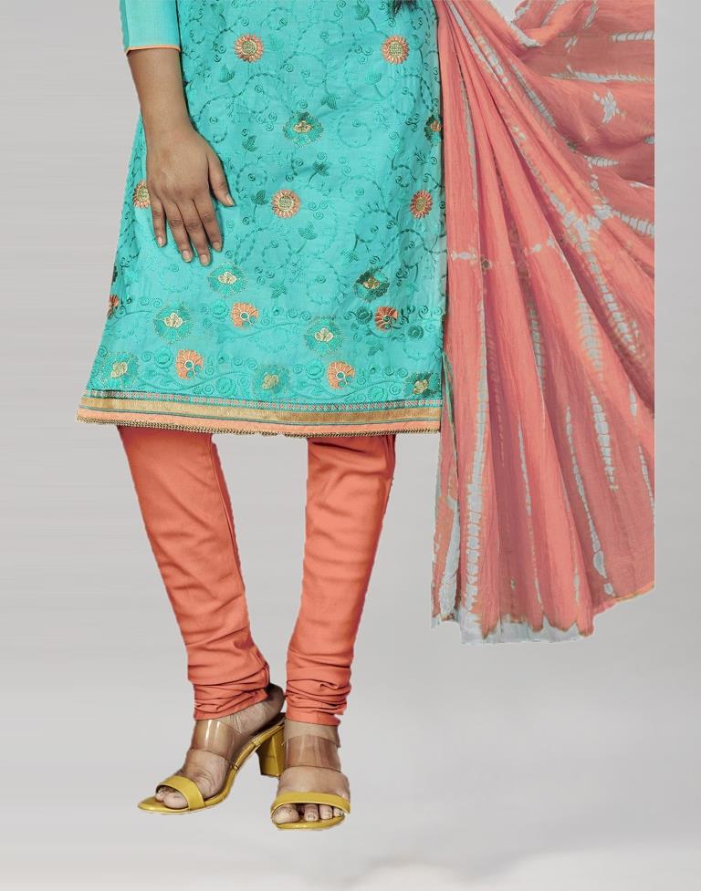 Aqua Blue Cotton Embroidered Unstitched Salwar Suit | Sudathi