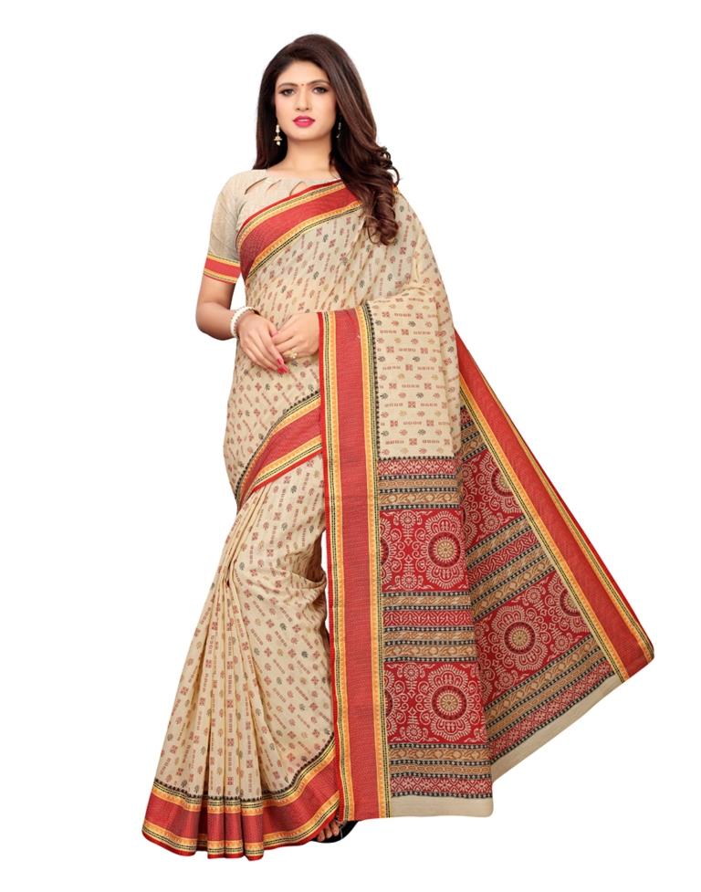 Beige Coloured Poly Cotton Printed Saree | Leemboodi