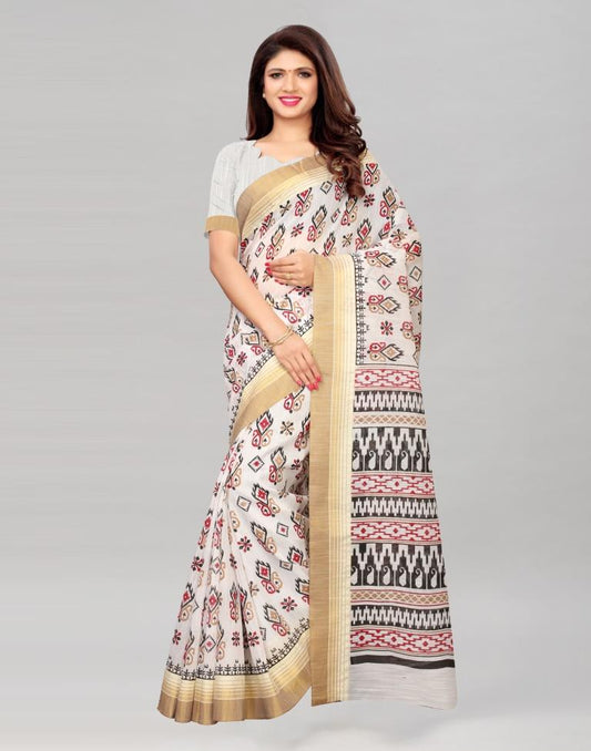 White Printed Cotton Saree