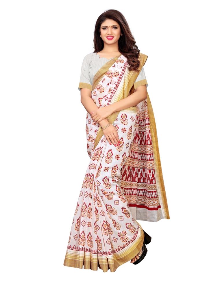 White Coloured Poly Cotton Printed Saree | Sudathi