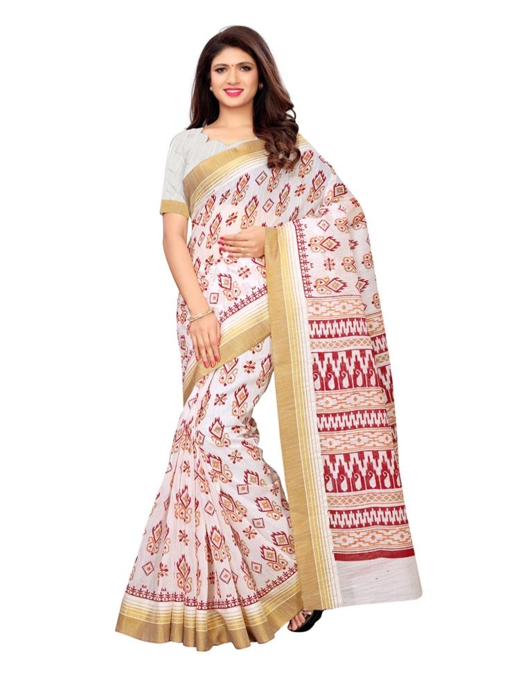 White Coloured Poly Cotton Printed Saree | Sudathi
