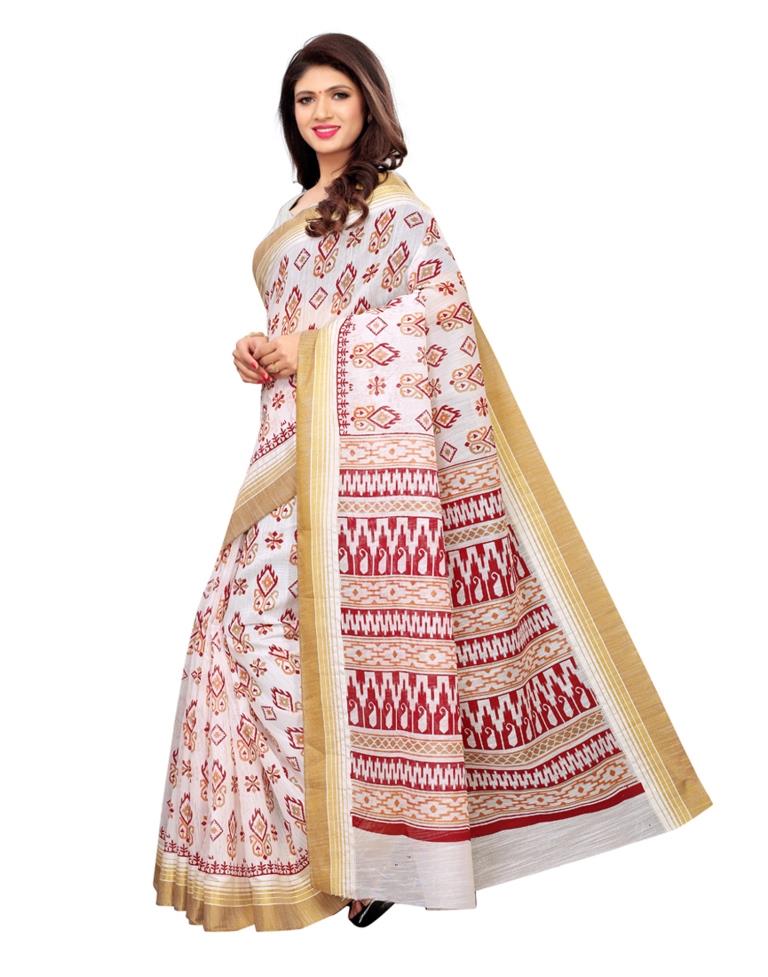 White Coloured Poly Cotton Printed Saree | Sudathi