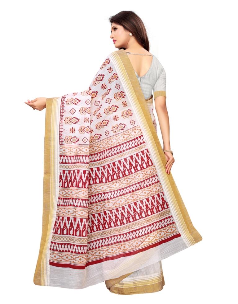 White Coloured Poly Cotton Printed Saree | Sudathi