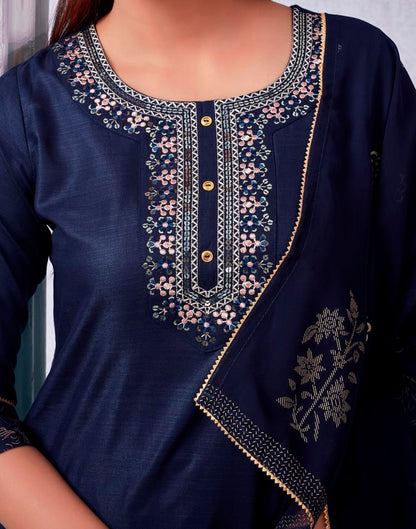 Blue Cotton Printed Kurta Set With Dupatta