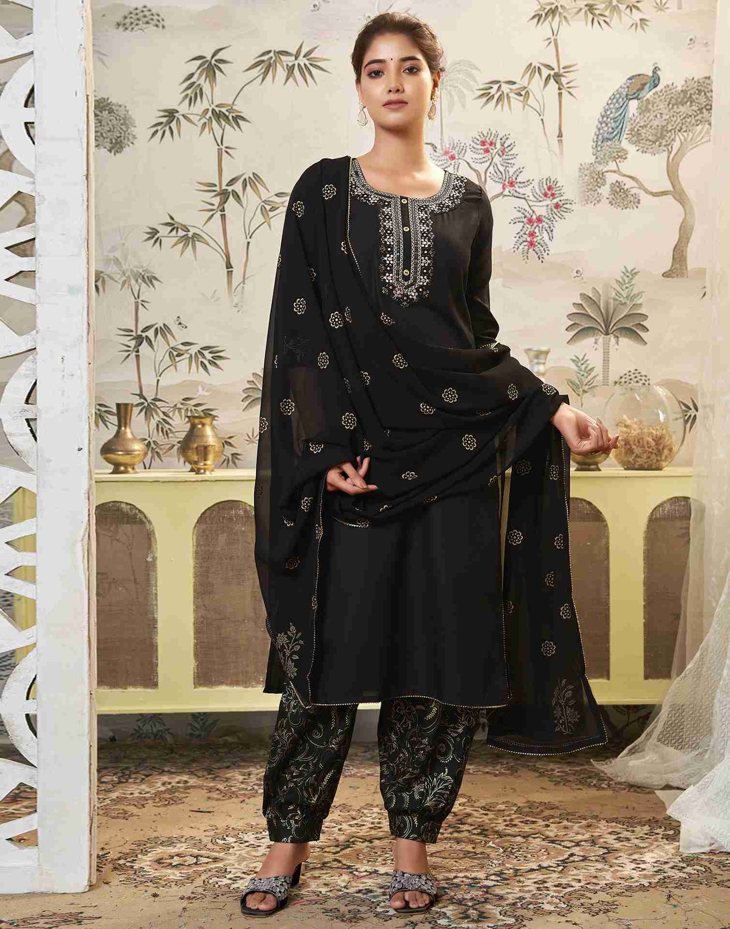 Black Embroidery Cotton Straight Kurta Set With Dupatta