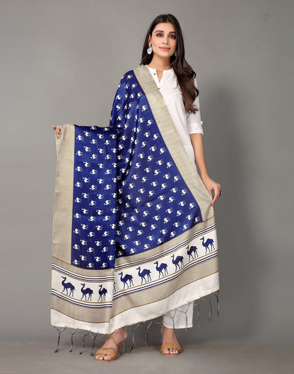 Navy Blue Animal Printed Dupatta | Leemboodi