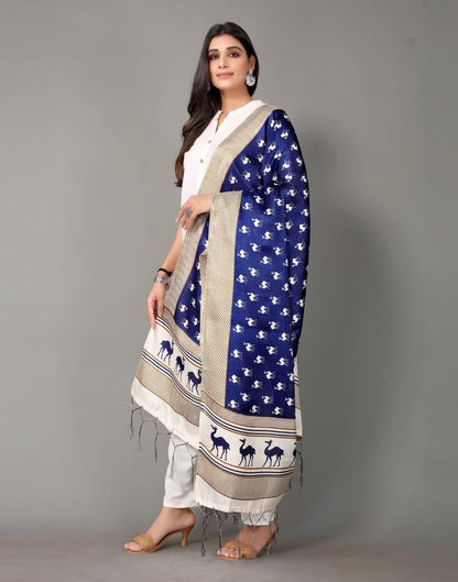 Navy Blue Animal Printed Dupatta | Leemboodi