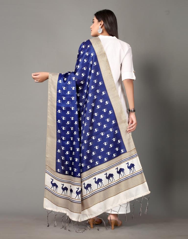 Navy Blue Animal Printed Dupatta | Leemboodi