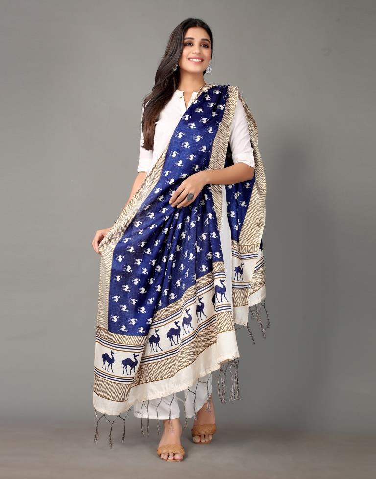 Navy Blue Animal Printed Dupatta | Leemboodi