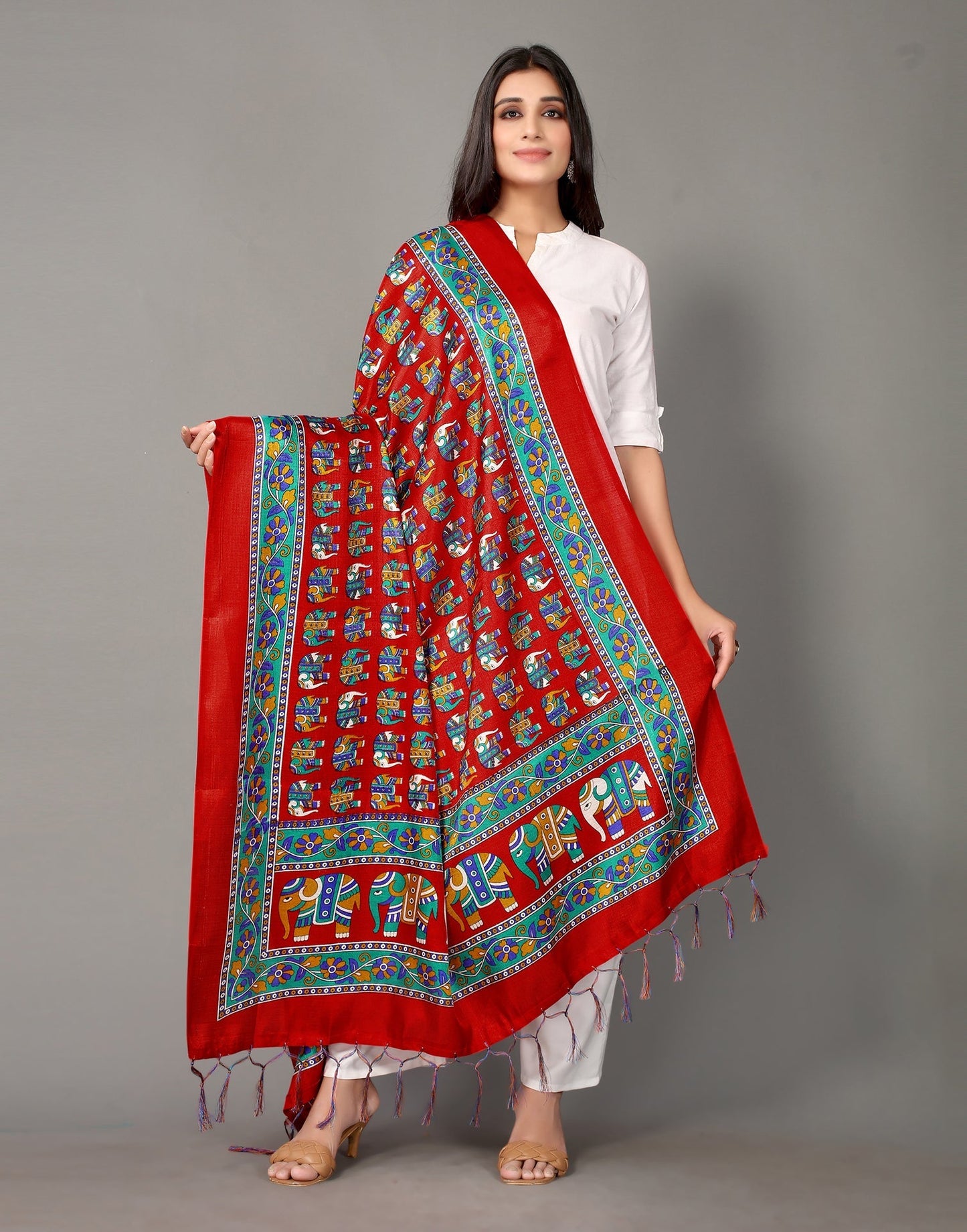 Red And Multicolor Khadi Silk Dupatta | Leemboodi