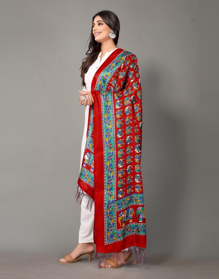 Red And Multicolor Khadi Silk Dupatta | Leemboodi