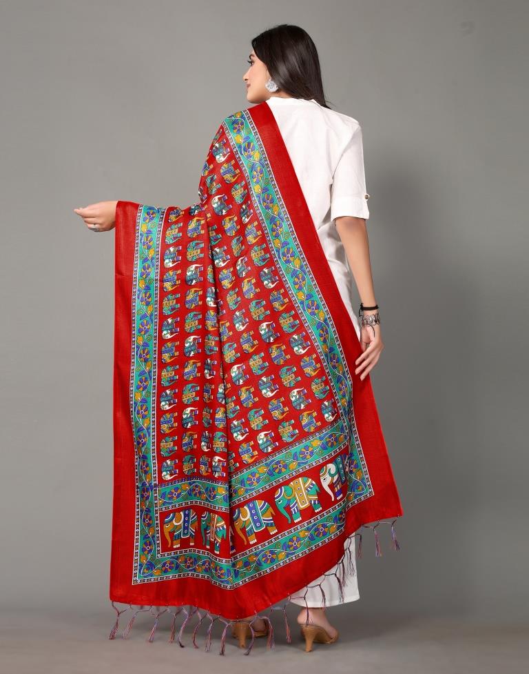 Red And Multicolor Khadi Silk Dupatta | Leemboodi
