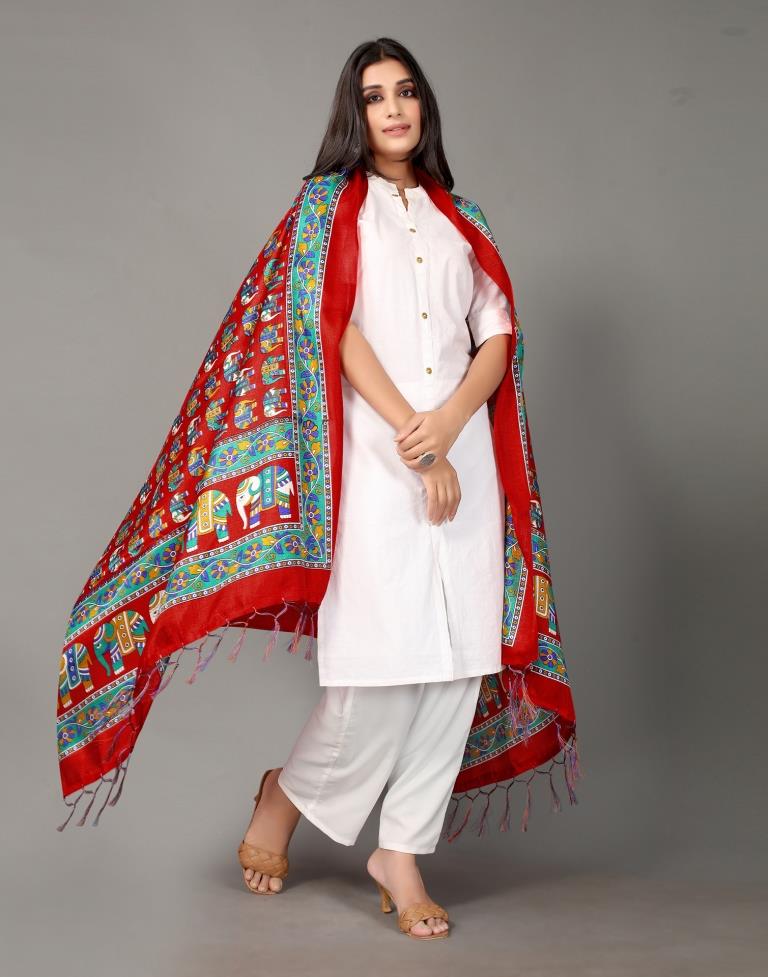 Red And Multicolor Khadi Silk Dupatta | Leemboodi