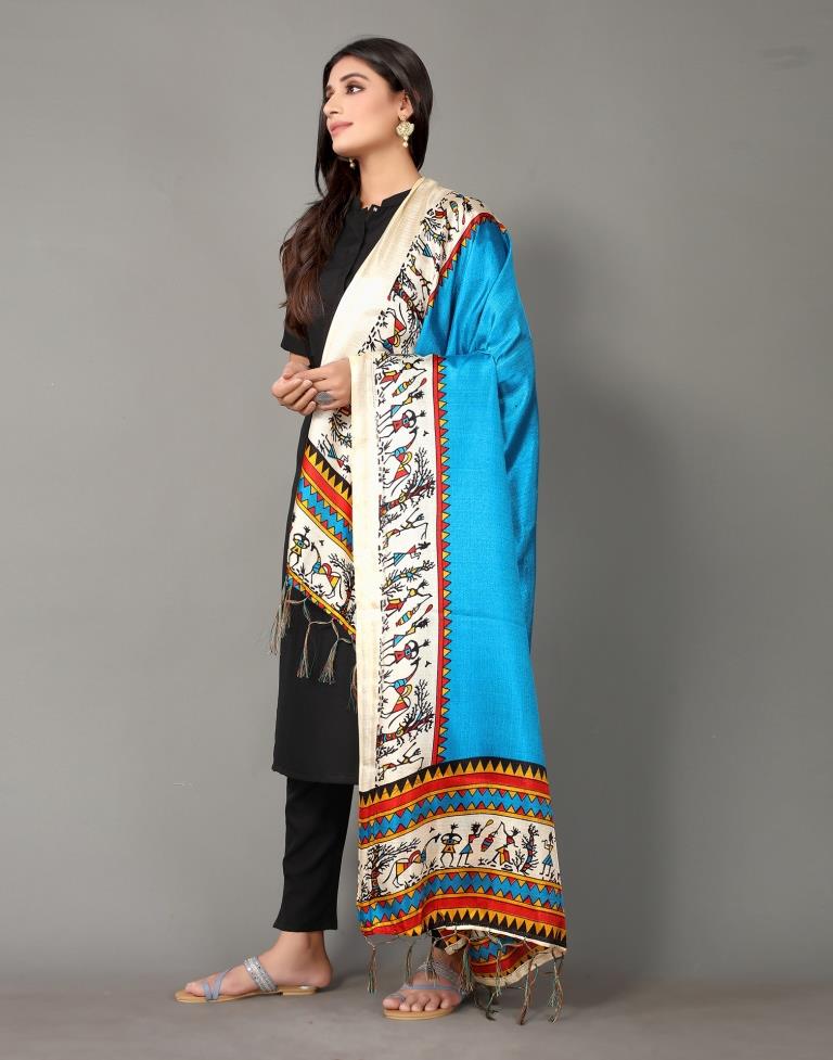 Sky Blue And Cream Khadi Silk Dupatta | Leemboodi