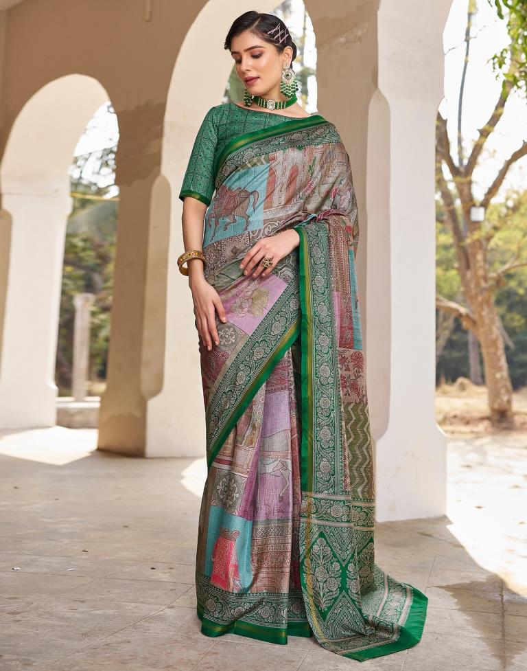 Ready to Wear Green Silk Printed Saree