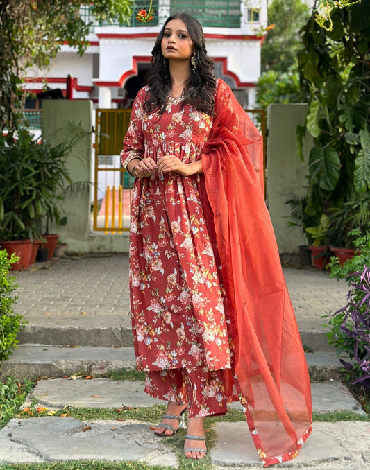 Brown Printed Kurti With Pant And Dupatta | Leemboodi