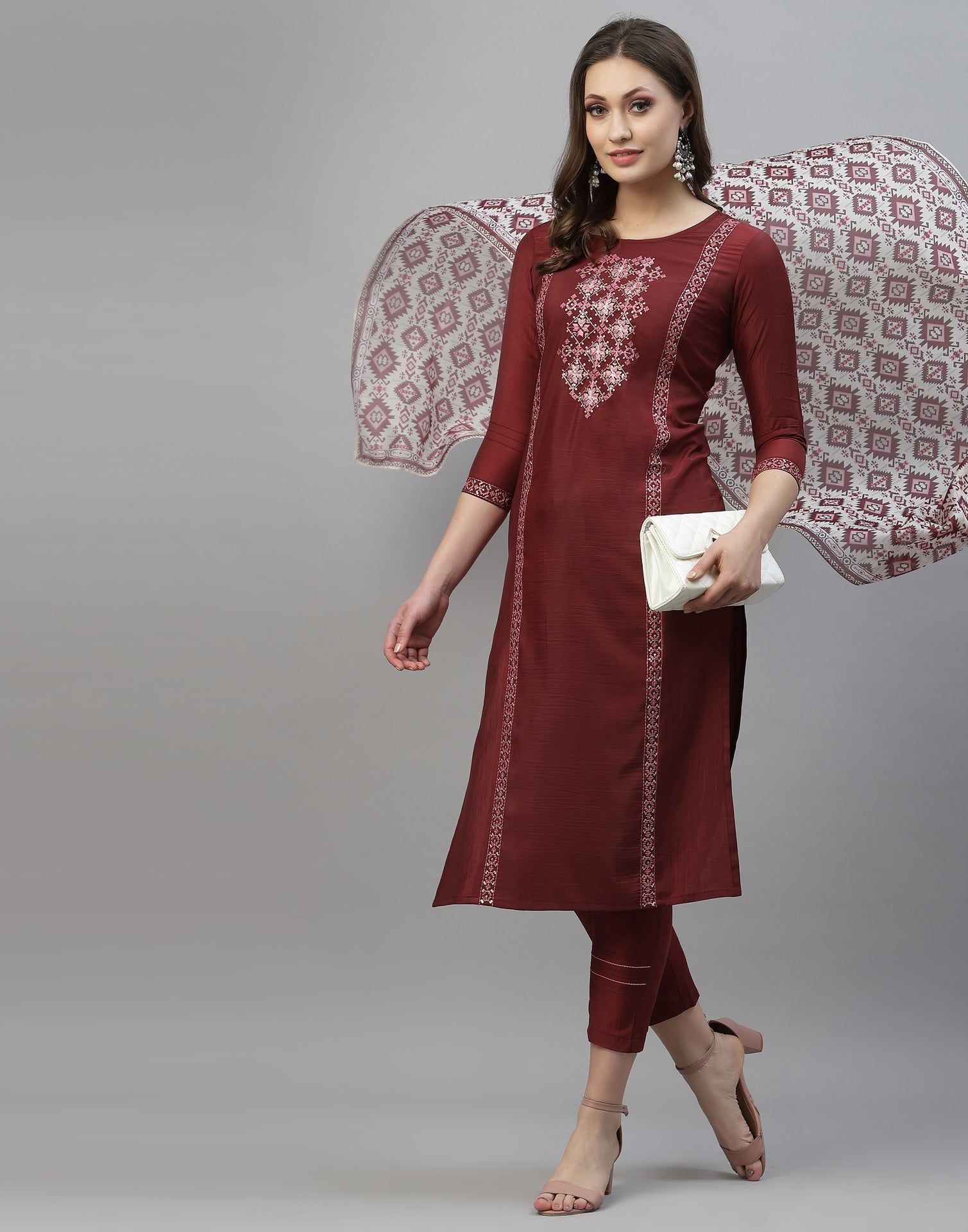 Maroon Kurti with Pant And Dupatta | Leemboodi