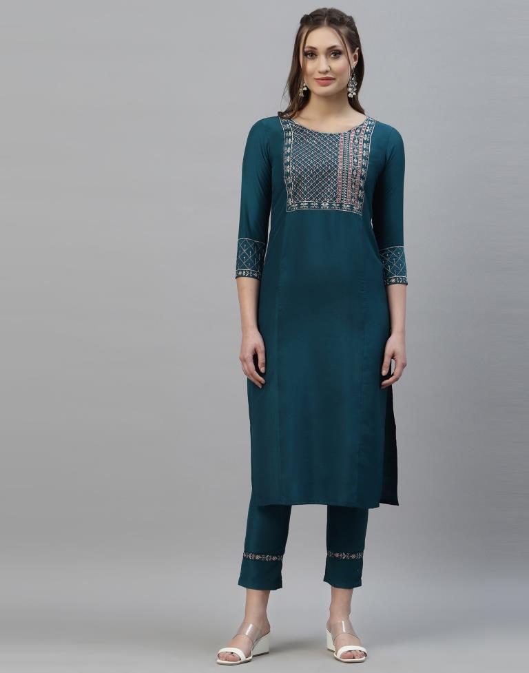 Teal Kurti with Pant And Dupatta | Leemboodi