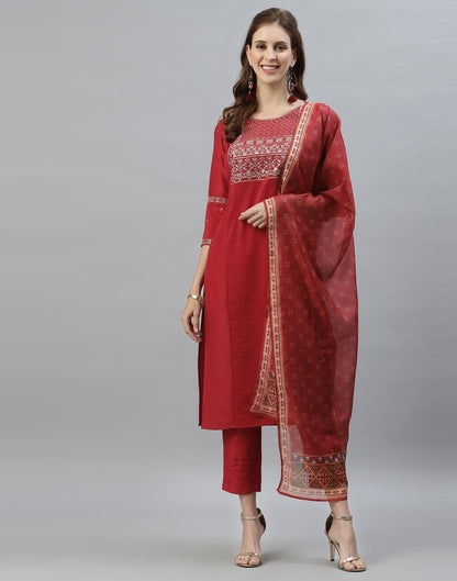 Red Kurti with Pant And Dupatta | Leemboodi