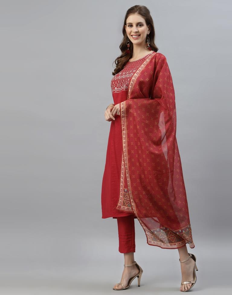 Red Kurti with Pant And Dupatta | Leemboodi