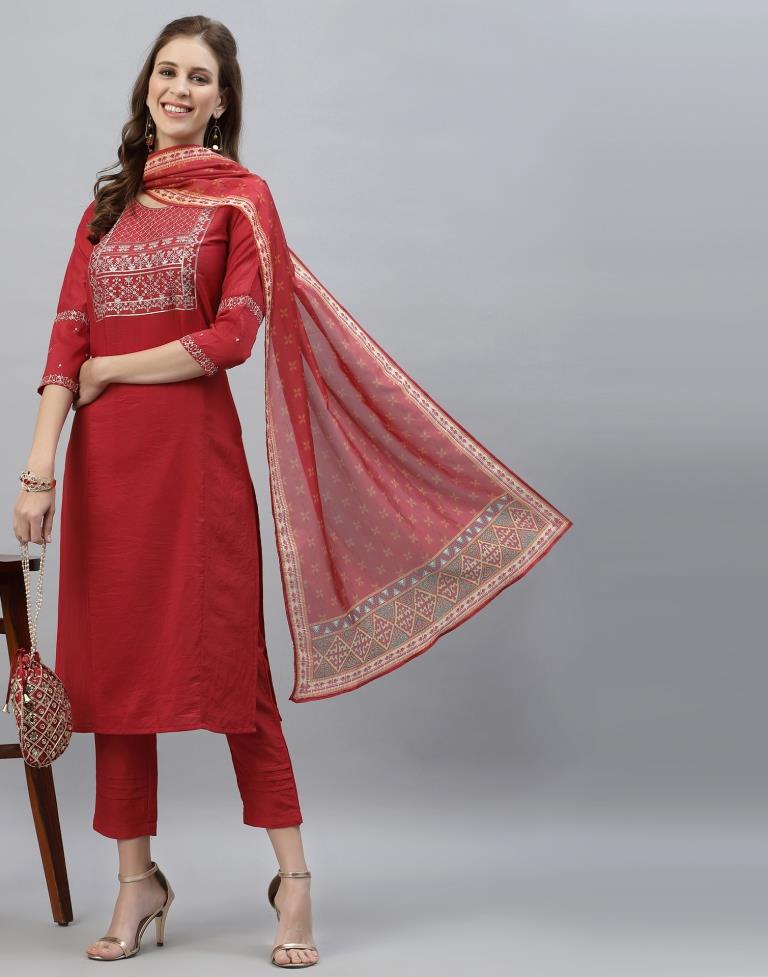 Red Kurti with Pant And Dupatta | Leemboodi