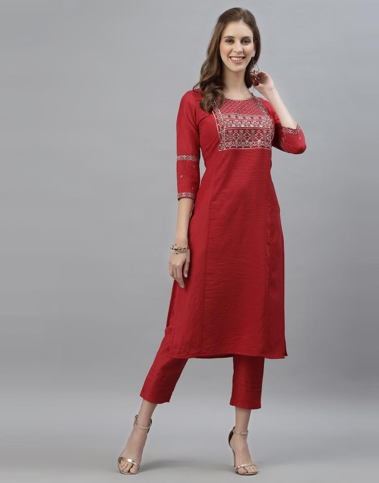 Red Kurti with Pant And Dupatta | Leemboodi