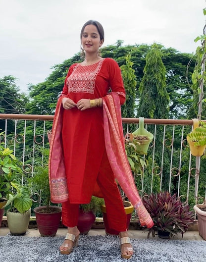 Red Kurti with Pant And Dupatta | Leemboodi